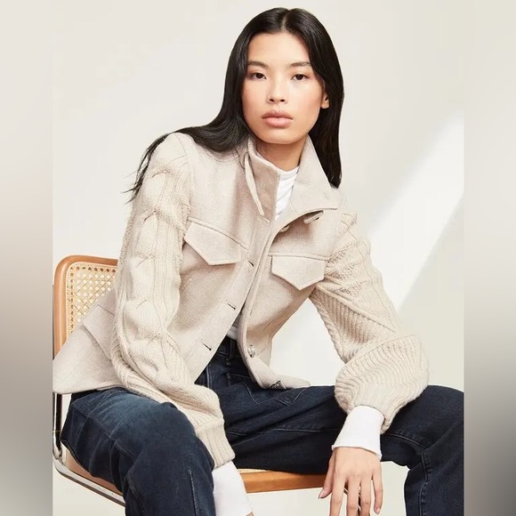 Veronica Beard Arshia Wool Blend Jacket Oatmeal Cable Knit Sleeves Size 6 - Picture 2 of 16